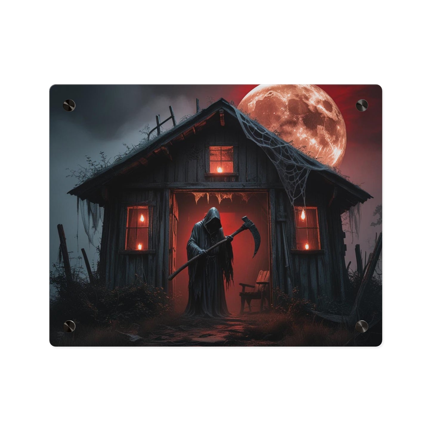 Halloween Wall Art Panel - Spooky Grim Reaper Under Blood Moon
