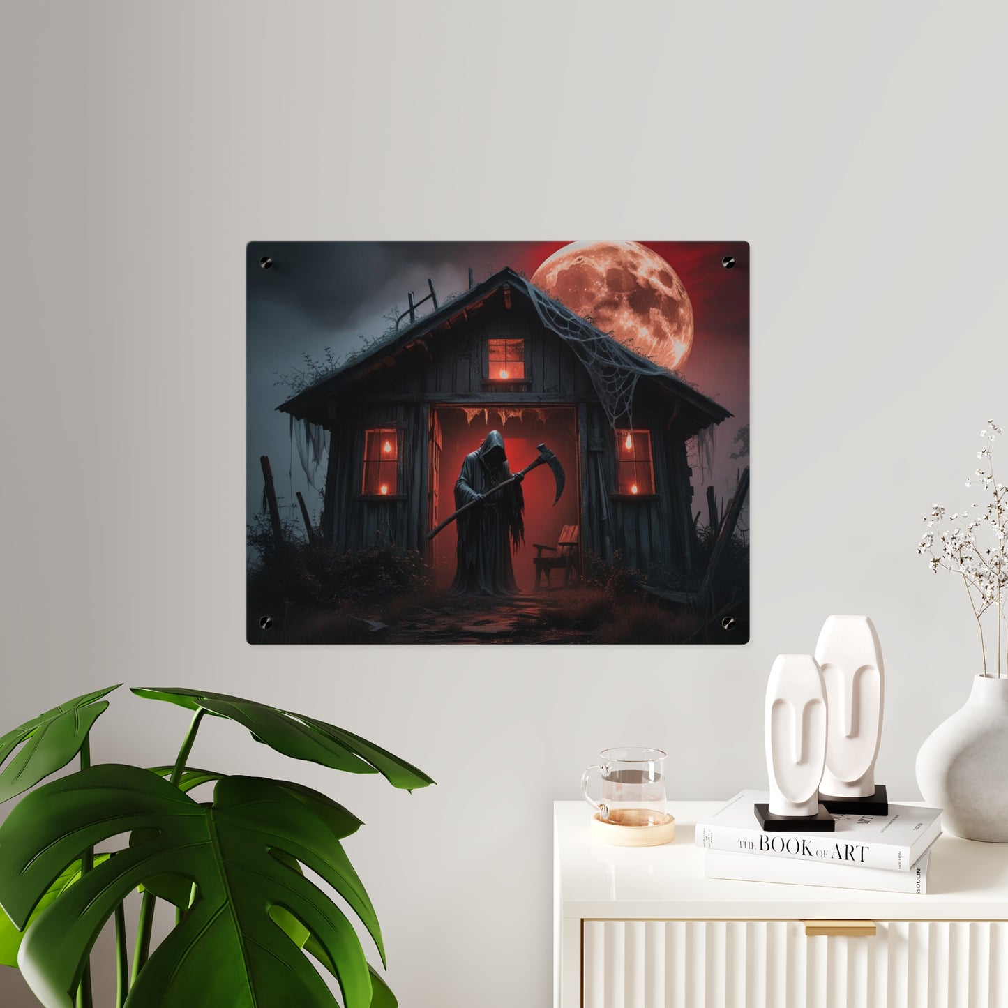Halloween Wall Art Panel - Spooky Grim Reaper Under Blood Moon