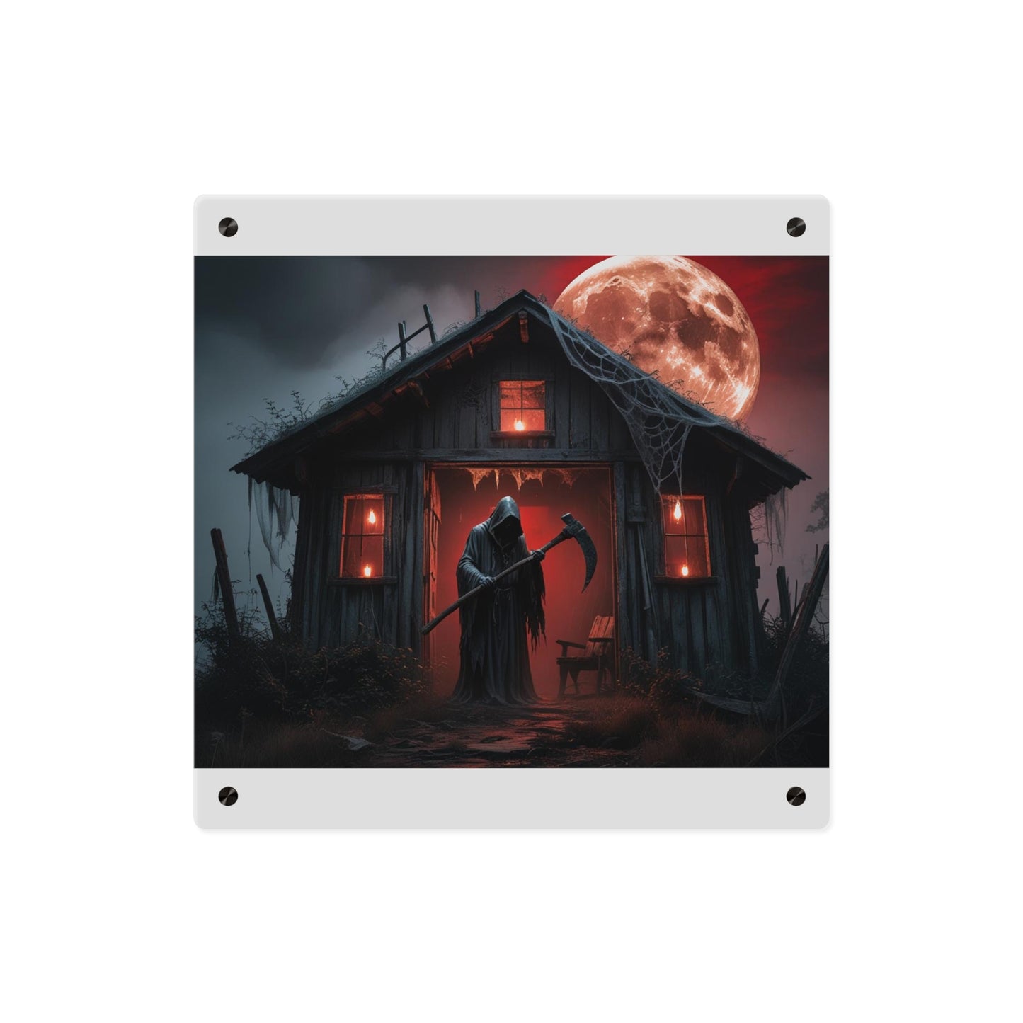 Halloween Wall Art Panel - Spooky Grim Reaper Under Blood Moon
