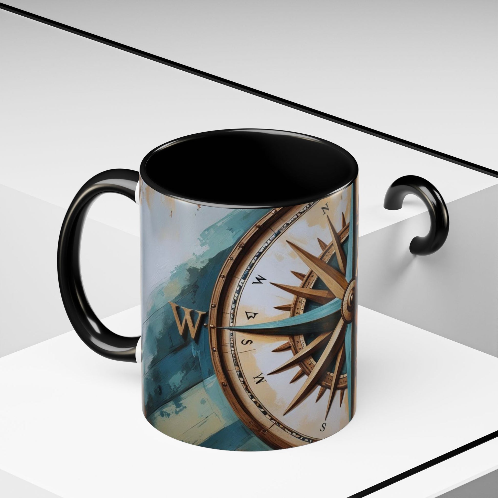 Mug with a compass design on a white background