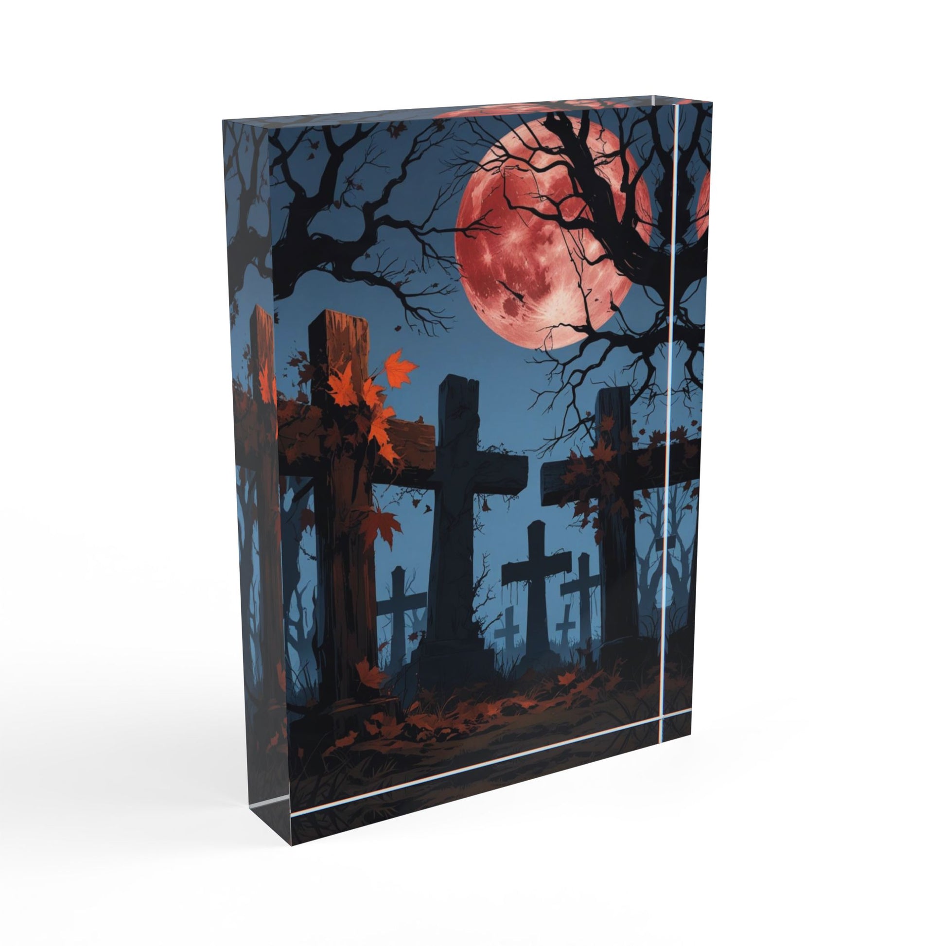 Glossy box with a Halloween-themed design featuring crosses, trees, and a full moon on a white background.