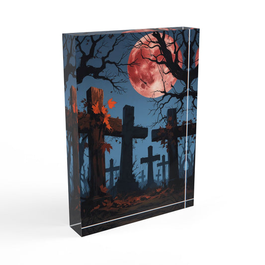 Glossy box with a Halloween-themed design featuring crosses, trees, and a full moon on a white background.