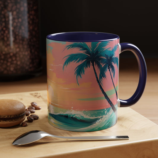 Mug with palm tree design on a wooden surface with coffee beans and a spoon.