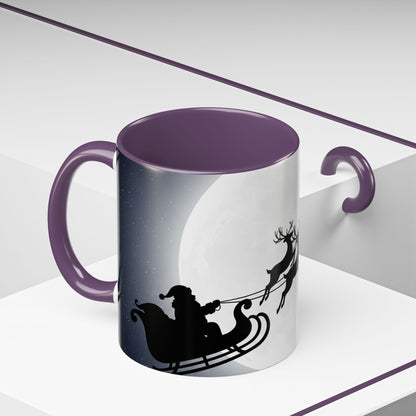 Mug with purple interior and handle, featuring a silhouette of Santa Claus in a sleigh.