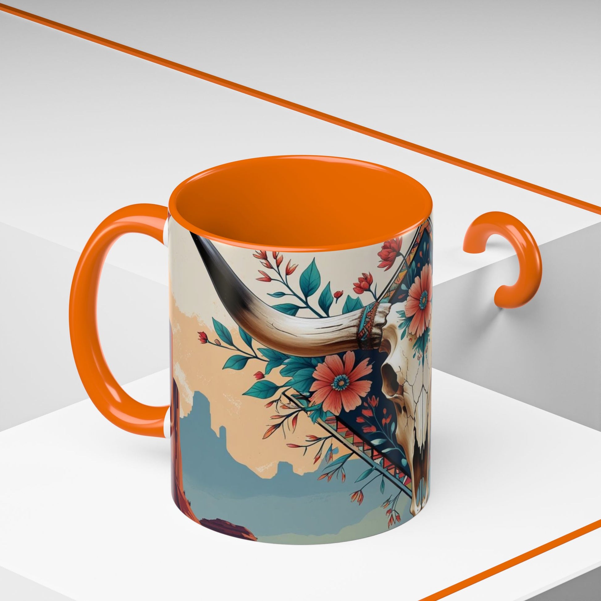 Mug with floral design and orange handle on a white background