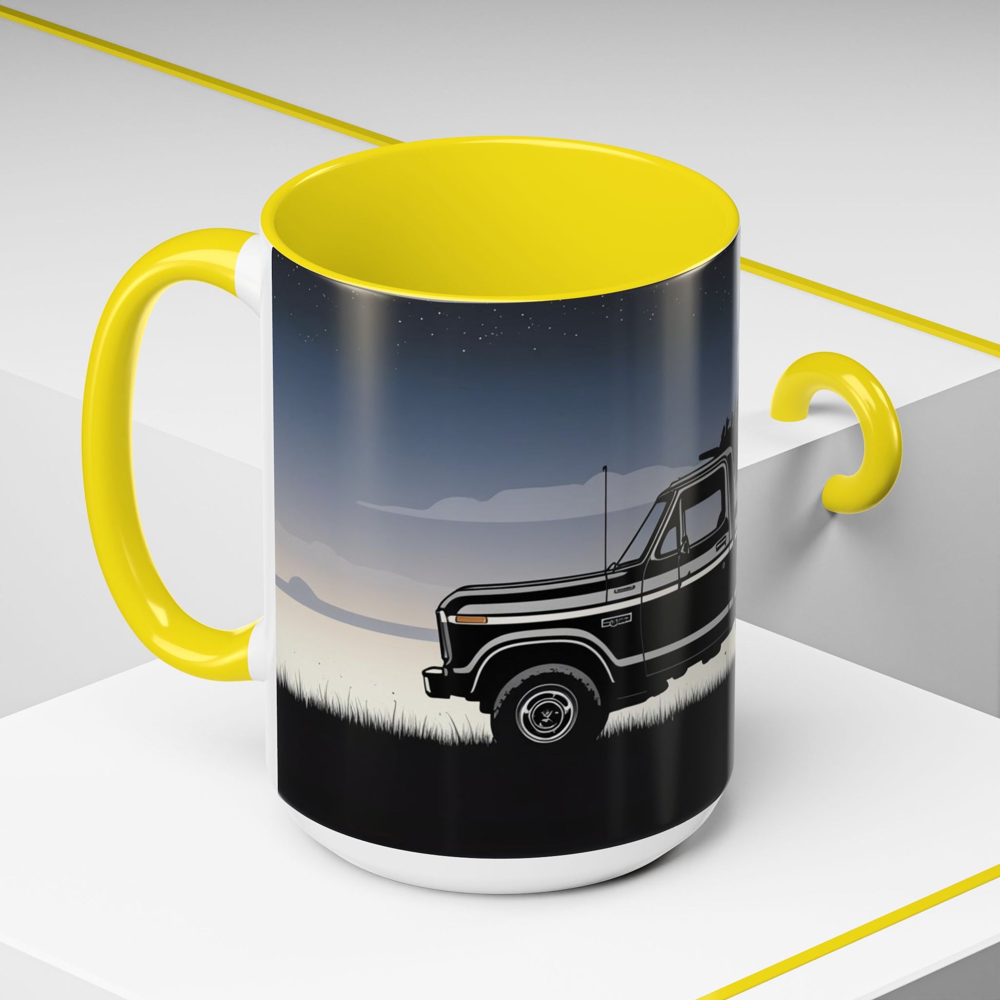 Mug with a black and white truck design on a gray background