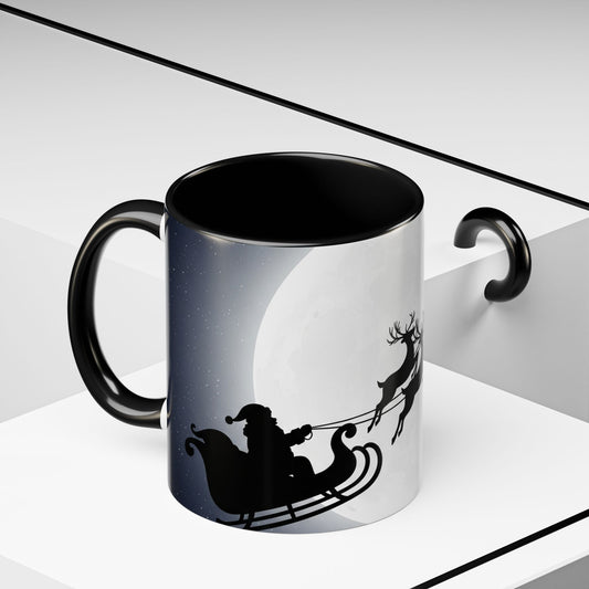 Mug with a design of Santa Claus in a sleigh, against a white background