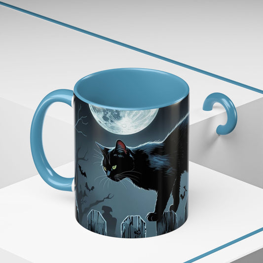 Mug with a black cat and moon design on a white background