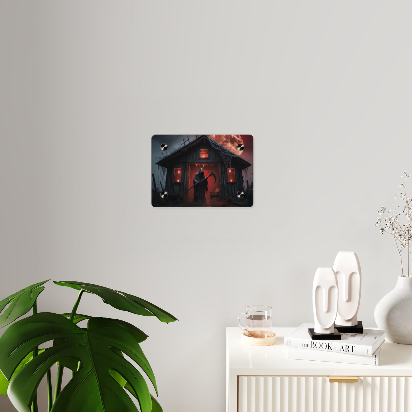 Halloween Wall Art Panel - Spooky Grim Reaper Under Blood Moon