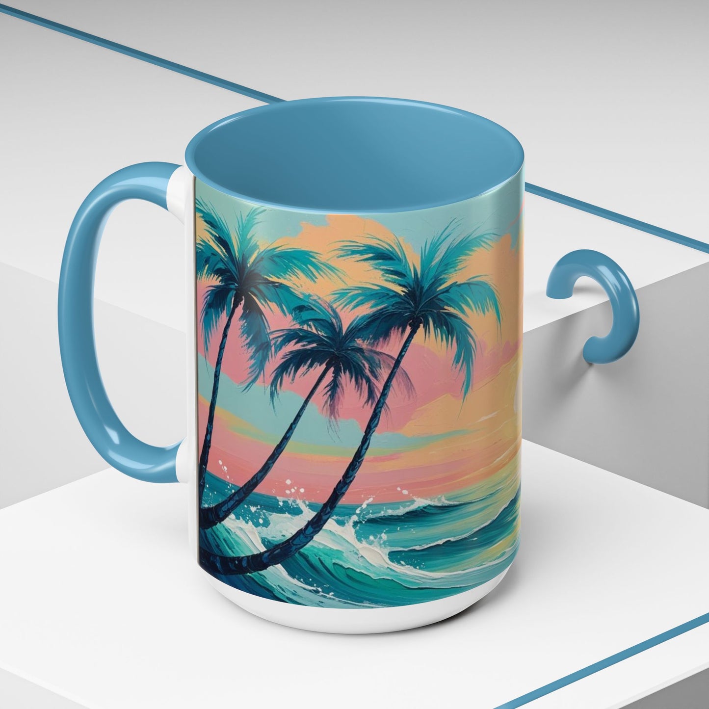 Mug with palm tree and sunset design on a white surface