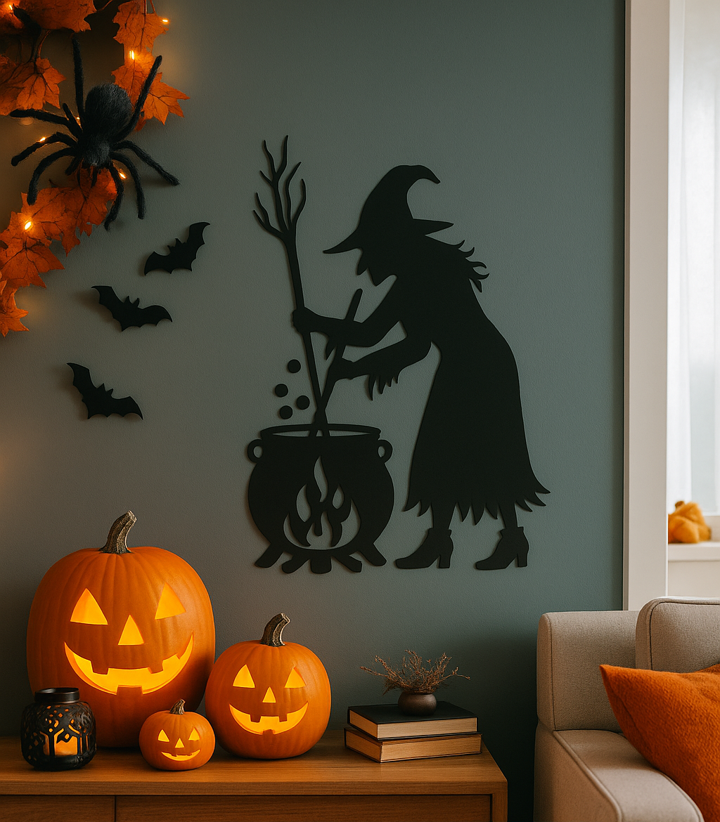 Halloween-themed room with pumpkins, a witch wall decal, and 'Thank you RUSTIC WEUE' text.