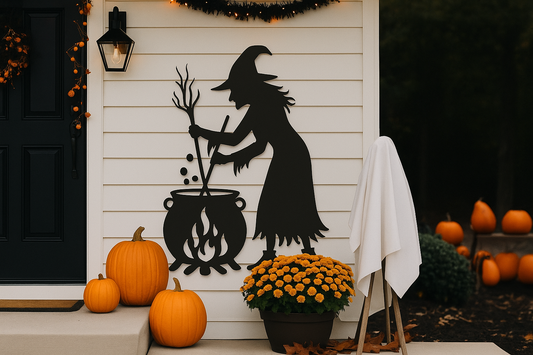 Witch’s Cauldron Silhouette – Rustic Halloween Metal Wall Art