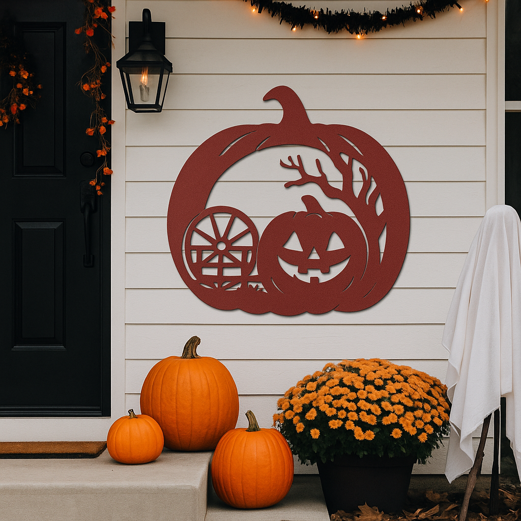 Rustic Pumpkin Wagon Wheel Silhouette | Halloween Fence Metal Wall Art