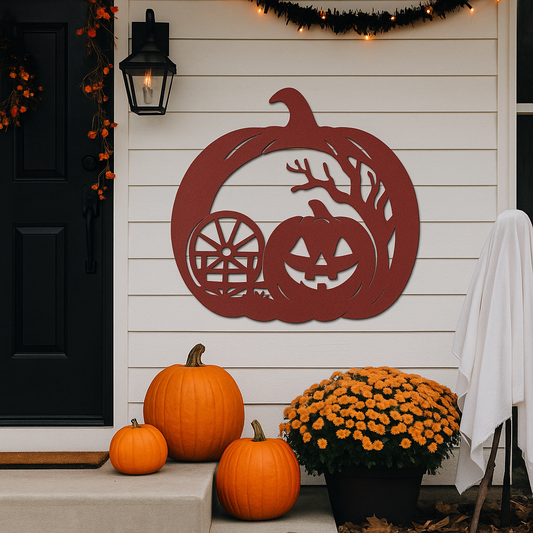 Rustic Pumpkin Wagon Wheel Silhouette | Halloween Fence Metal Wall Art