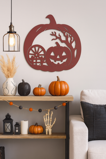 Rustic Pumpkin Wagon Wheel Silhouette | Halloween Fence Metal Wall Art