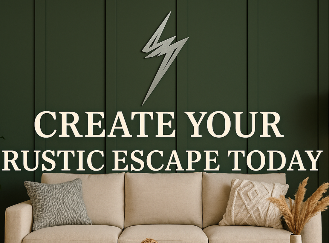 Living room with a beige sofa, wooden coffee table, and decorative items against a dark green paneled wall with text overlay.